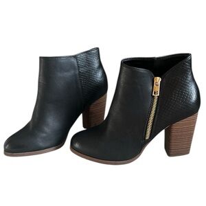 Call It Spring Black Vegan Leather with Brown Block Heel Boots with Gold Zipper